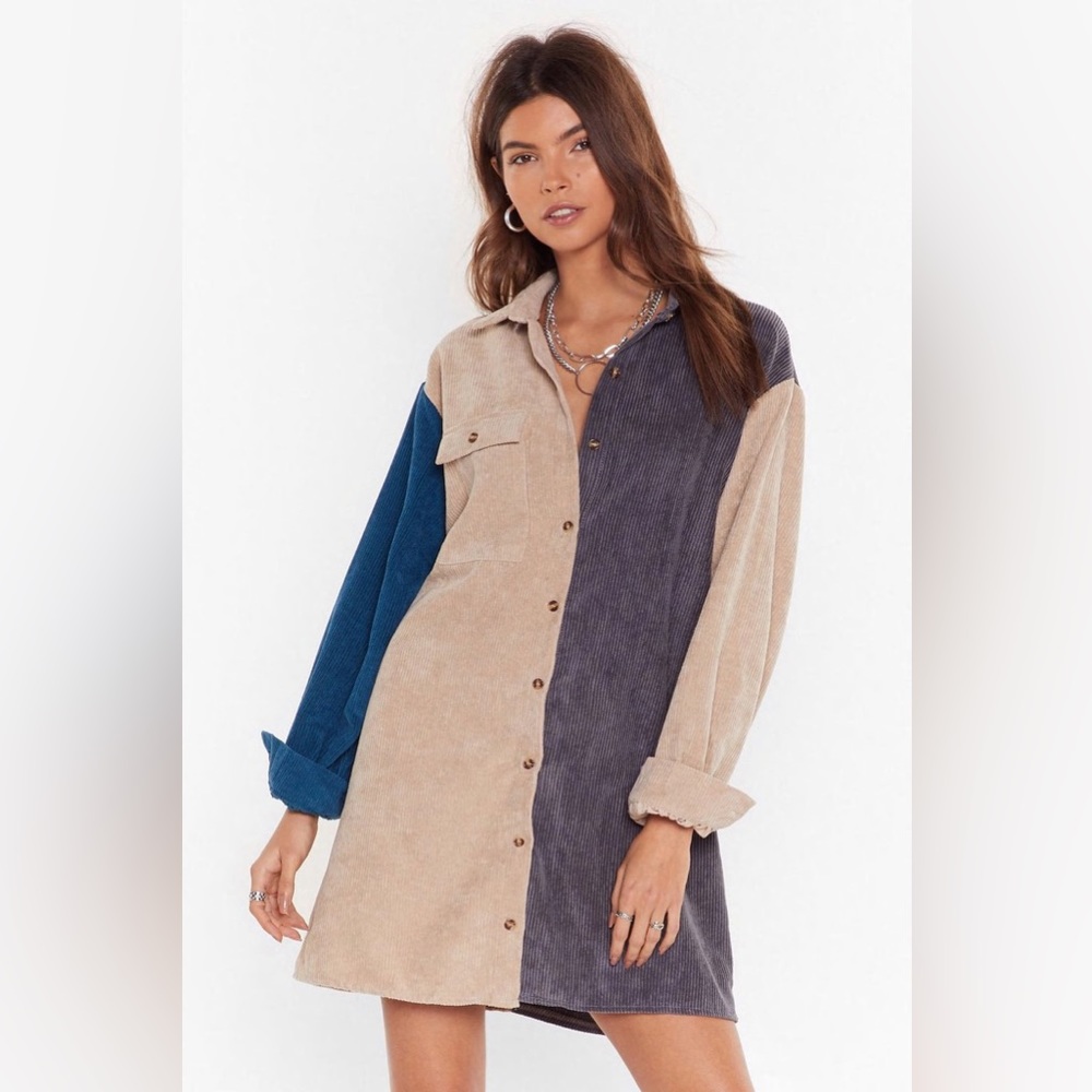 Nasty Gal Writer’s Color Block Long Sleeve Dress Size Medium - Grey, Beige, Blue